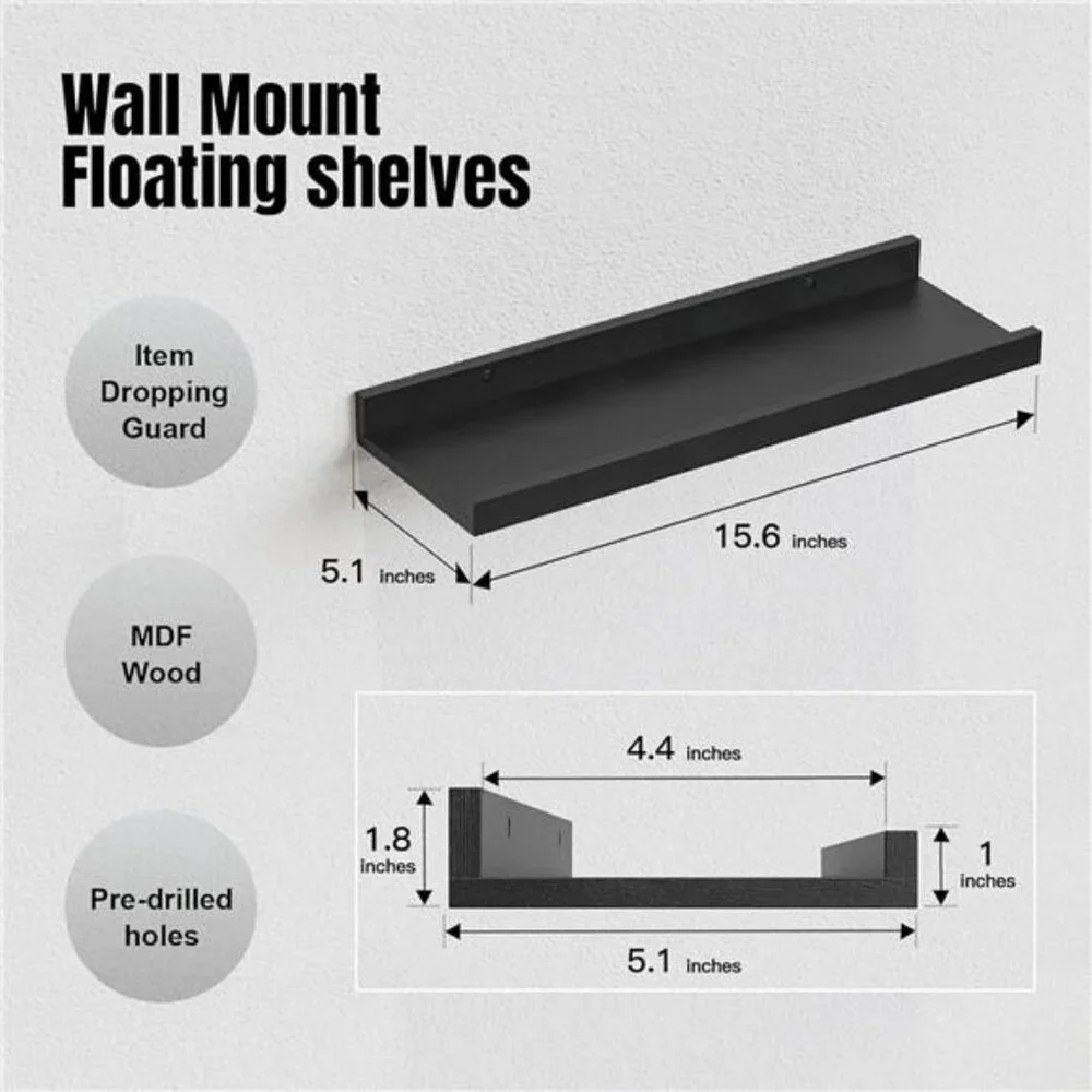 5 Set Floating Wall Mounted Shelves, Black Shelves for Wall Decor, Modern